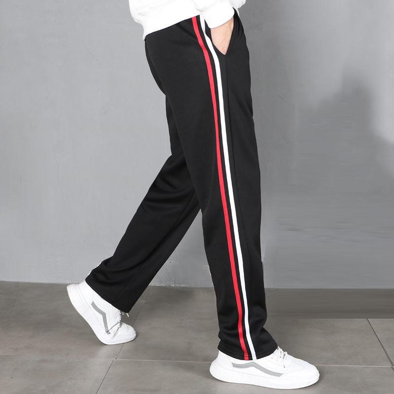 Autumn New Red White Stripes Casual Sports School Uniform Pants Solid Elastic Waist Pockets Durable Breathable Straight Trousers