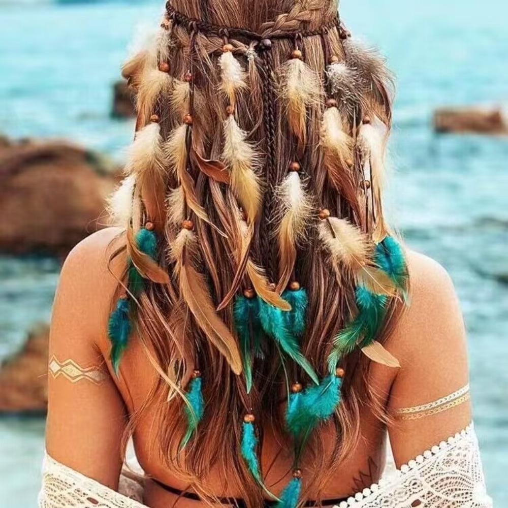 Modisches Quasten-Feder-Stirnband mit Perlen Bohemian Boho Stil Kopfschmuck Kostüm Verstellbar Regenbogen Indisches Stirnband Braut Hochzeit