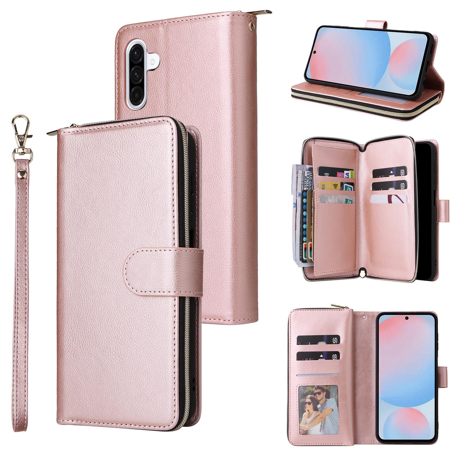 

Чохол для Samsung Galaxy A56 5G з кишенею на блискавці, чохол для телефону з PU шкіри з ремінцем на руку Rose Gold