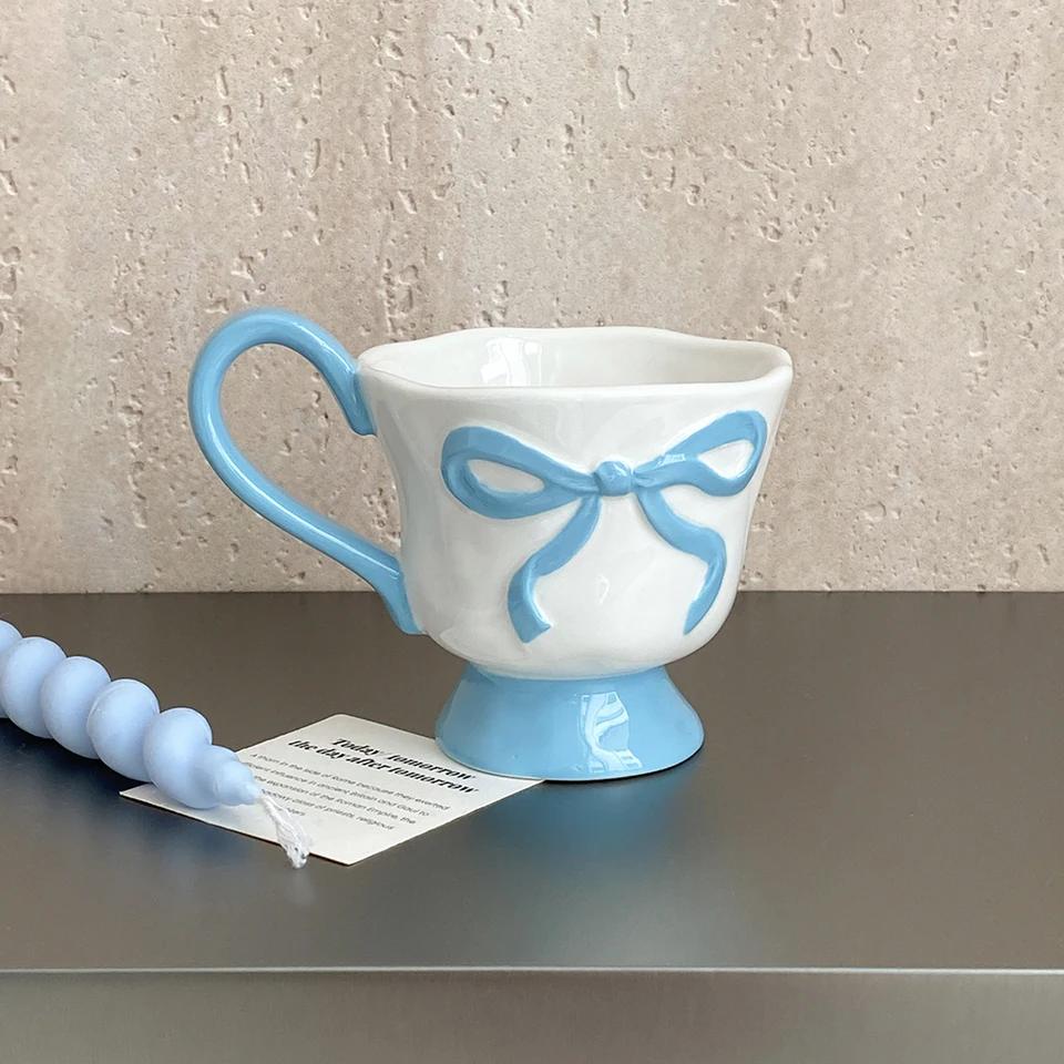 1Pc 350ml Ceramic Embossed Bow Mug Hand-Pinched Pattern Simple Morandi Color Tall Design for Coffee Oatmeal Yogurt-Holiday Gift