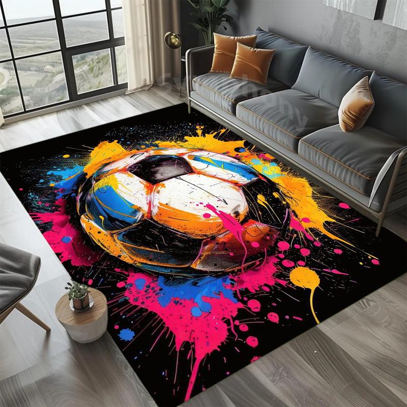 Trendy Colorful Graffiti Soccer Pattern Area Rug Street Art Style Non-Slip Floor Carpet for Living Rooms Teen Rooms