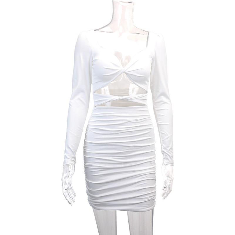 Autumn and Winter Women's V-neck Hollow Pleated Dress