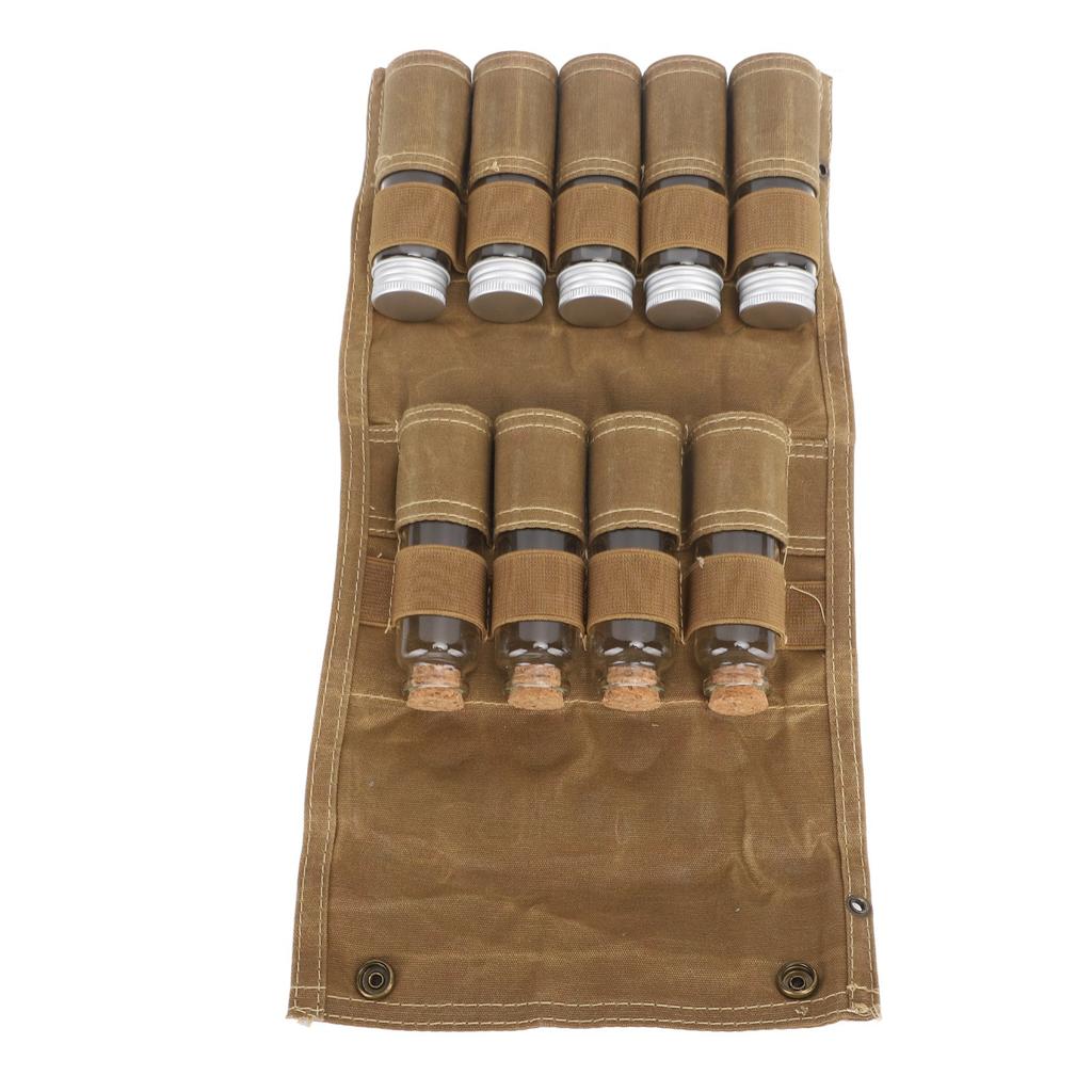 Tragbare Gewürztasche Mehrzweck-Leinwand-Gewürzlagerbeutel mit 9 Gewürzgläsern für Outdoor-Camping-Reisen Khaki