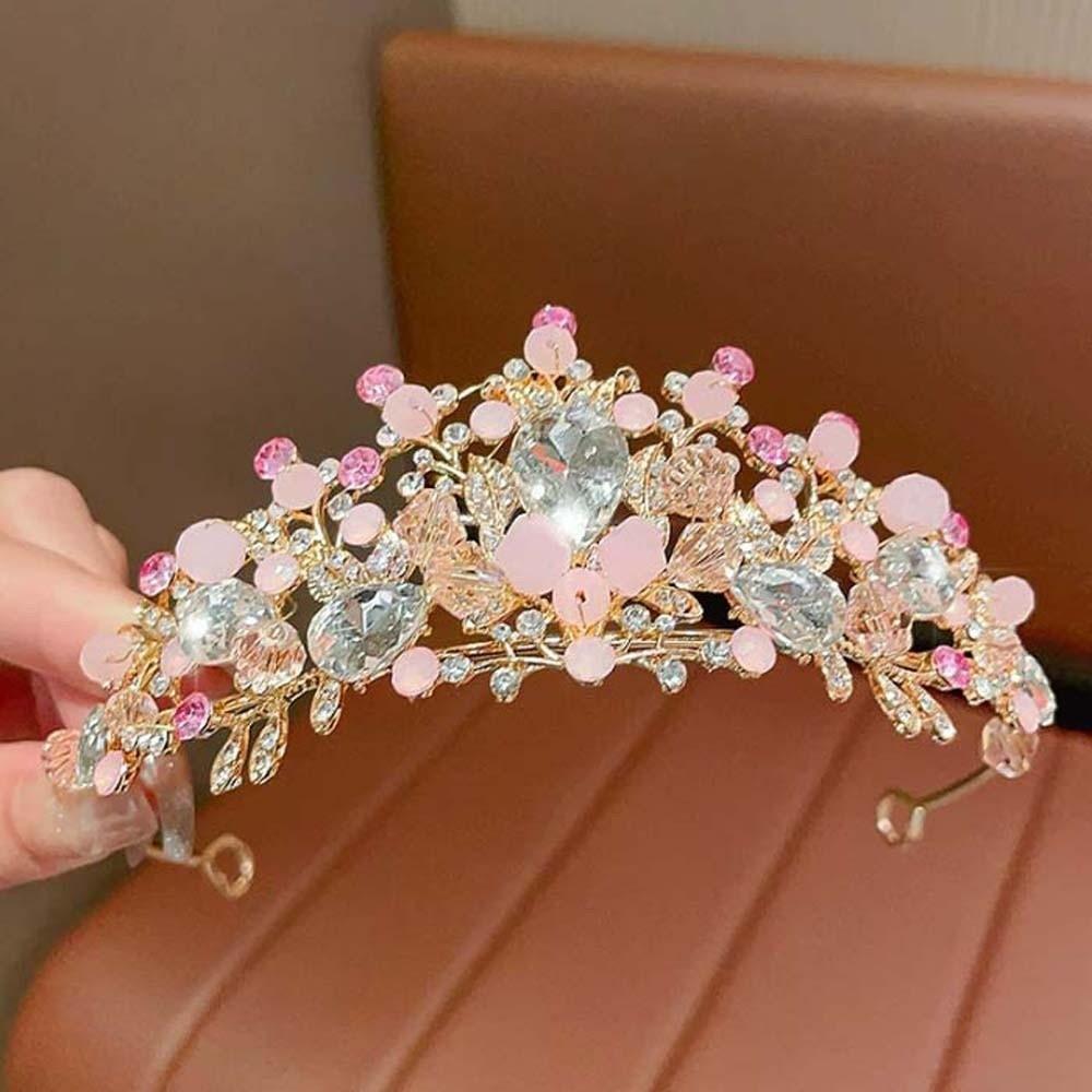Vintage Pink Floral Crown Shiny Princess Rhinestone Tiara Clothing Accessories