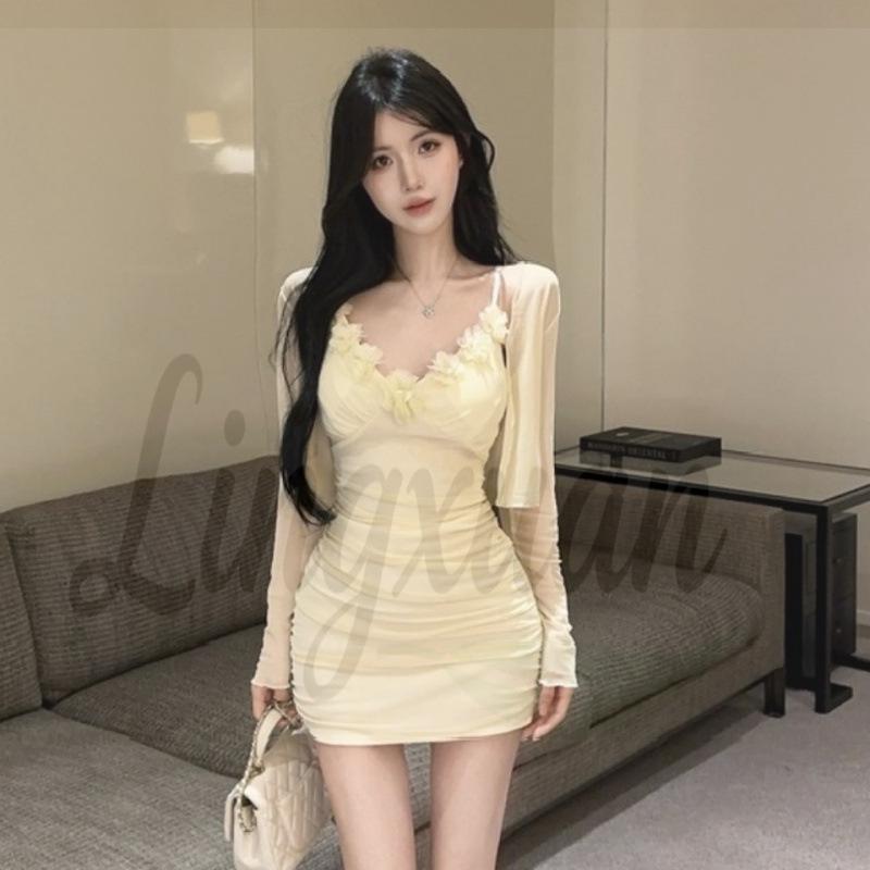 

French V-Neck Floral Patchwork Mesh Jacket & Dress Set for Women Small абрикосовий
