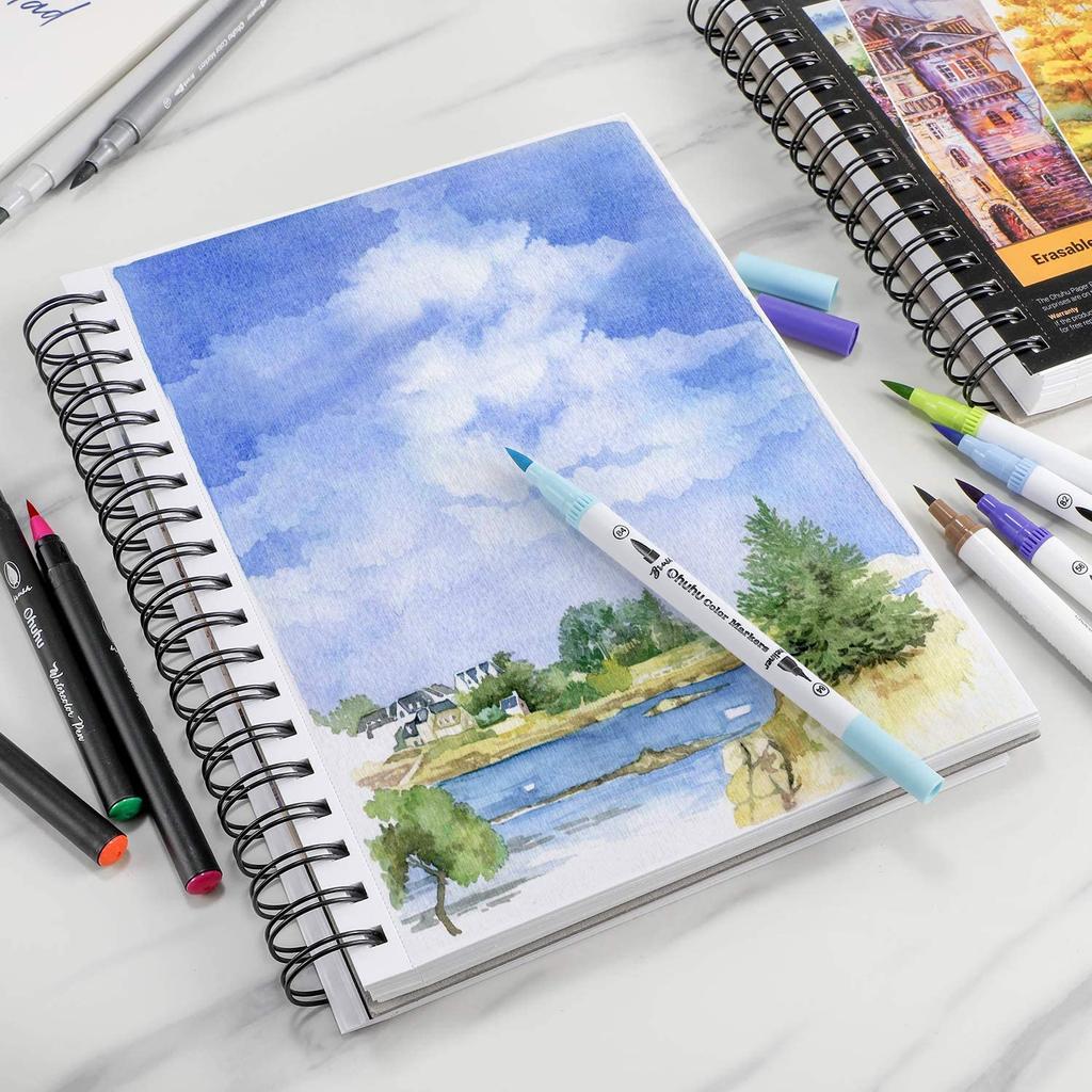 Ohuhu Sketchbook Watercolor Paper 200gsm 254mm x 193mm 62 Sheets Extra Thick Mixed Media Sketchbook Medium Ring Type Perforated Marker