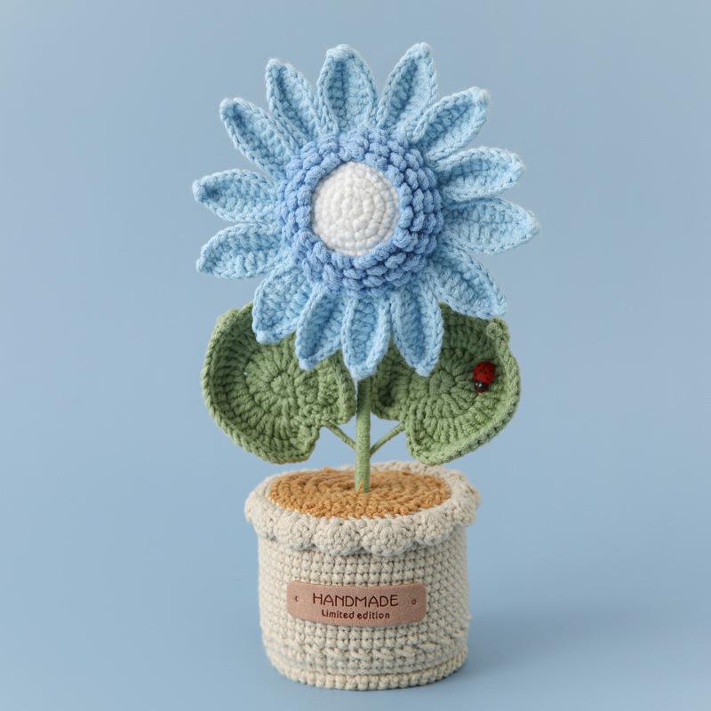 Handmade Crochet Knitted Sunflower Bouquet Creative Knitted Potted Plant Mini Cute Home Desktop Decorations Gifts for Lovers