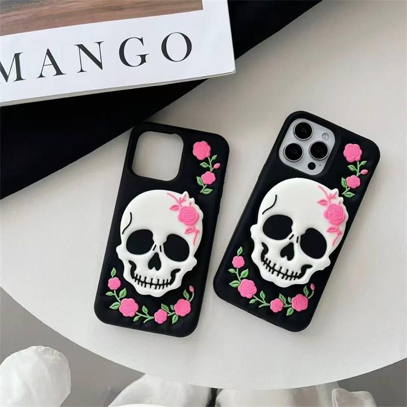 3D Skeleton Flower Holder Phone Case For iPhone 17 16 15 14 13 Pro 12 11 Pro Max Soft Silicone Cover