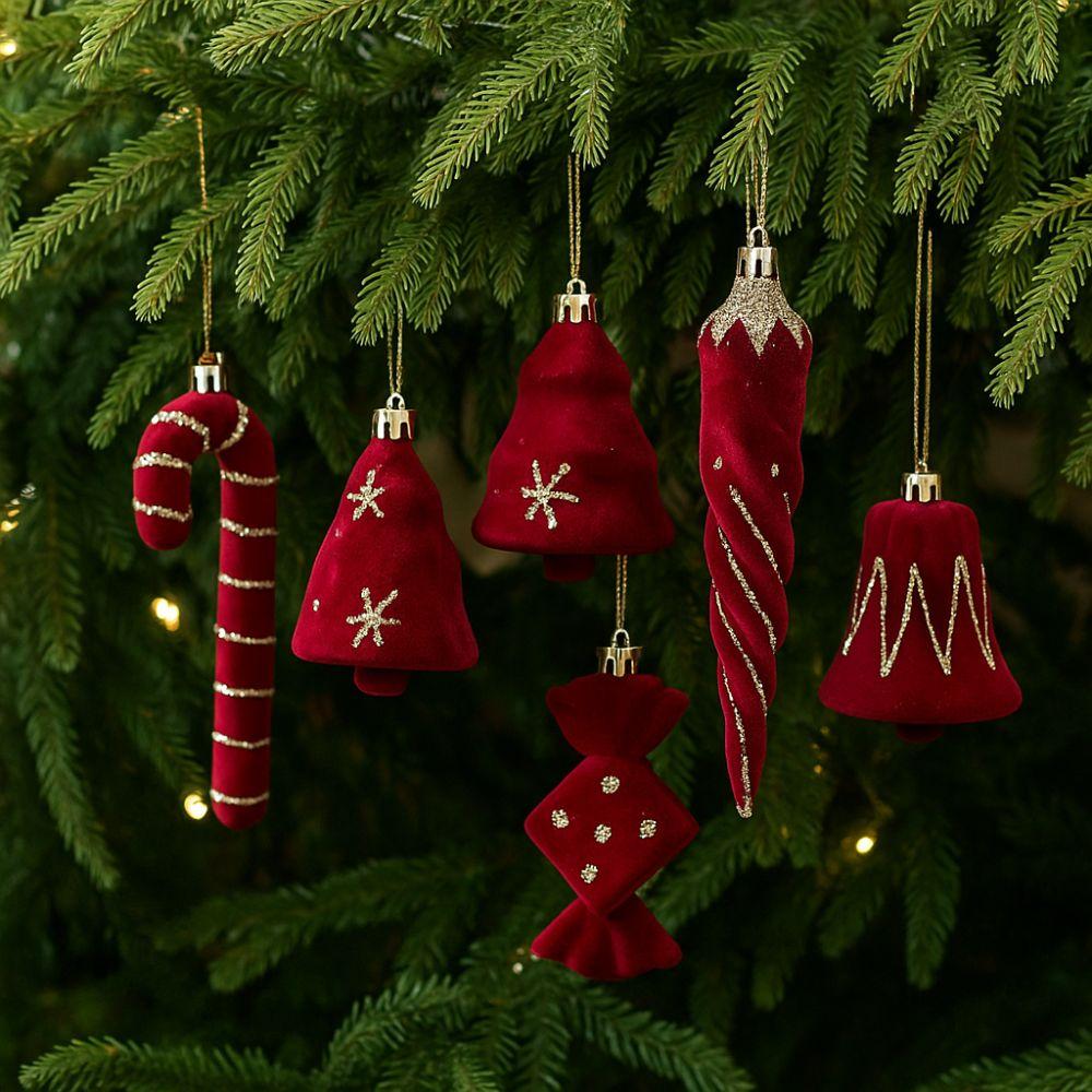 2pcs Flocked Christmas Tree Pendants Red Candy Cane Pendants  Party Decor