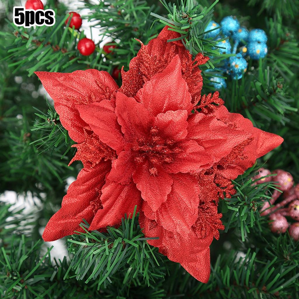 5 Pack Christmas Poinsettia Glitter Flower Ornaments in Colors