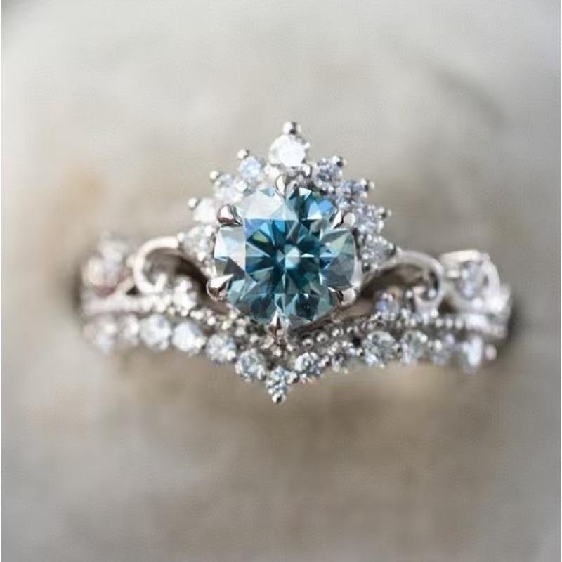 1Pc Fashion Multifunctional Silver Sea Blue Synthetic Zircon Ring