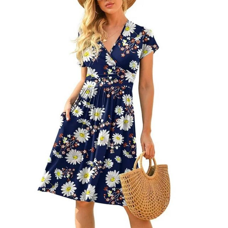 Fashionable New Women's Dress, V-neck Short-sleeved Printed Pockets, Elegant and Versatile
