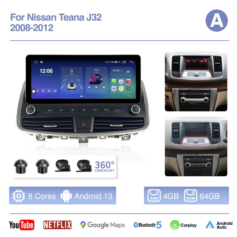 12.3" For Nissan Teana J32 2008-2012 Car Multimedia Video Player GPS Navigation Radio Android13 8Core 8+256 Carplay 4G 360camera