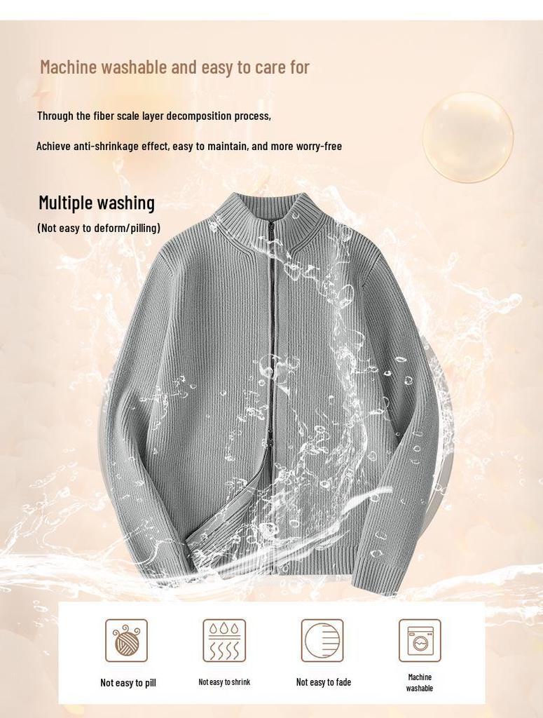 Men's High Neck Double Zipper Cardigan Sweater Jacket - Solid Color, Loose-Fit Knit Top for Autumn and Winter