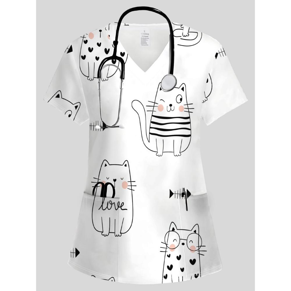 Surgical Uniforms Woman Elegant Fashion Womens Print V-Neck Short Sleeve Nursing Summer Comfortable Vet Clinical Uniforms Woman