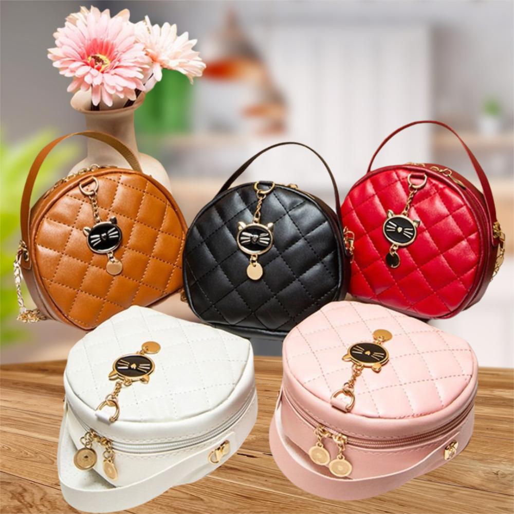 Women Chain Shoulder Bags Round Handbags Ladies Cute Cat PU Leather Female Crossbody Messenger Bag