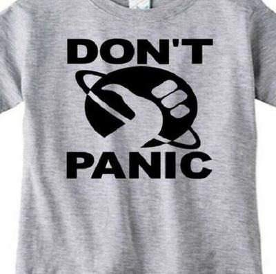 Don't Panic Thumb T Shirt Tee Science Fiction Hitchhikers Guide To Galaxy