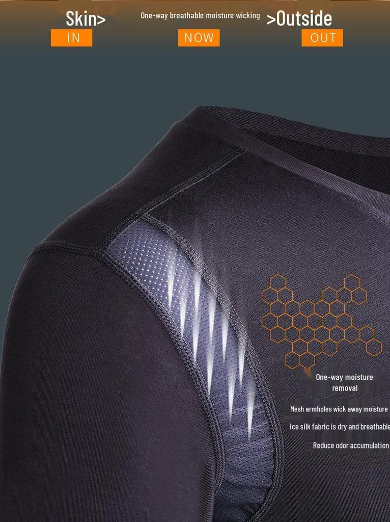 Men's Slim-fit Warm Mesh Base Layer Shirt - Round Neck, Breathable, Sweat-wicking, Thin Top for Autumn/Winter
