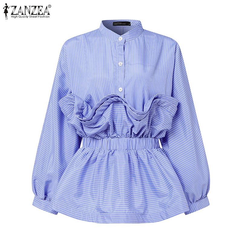 ZANZEA Women Casual O-neck Long Sleeve 3D Ruffles Splice Loose Stripe Blouse