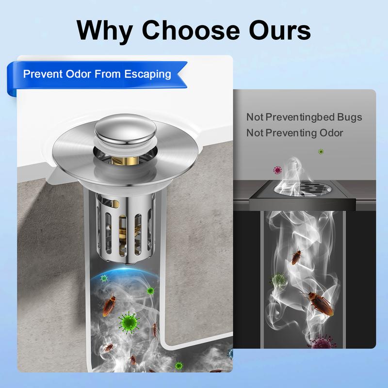 JOMST Banyo Evrensel 2'si 1 Arada Banyo Lavabo Tıpa, Pop-up Tıkanma Önleyici Çıkarılabilir Paslanmaz Çelik Filtre Sepeti Süzgeç Saç Tutucu, Koku Önleyici