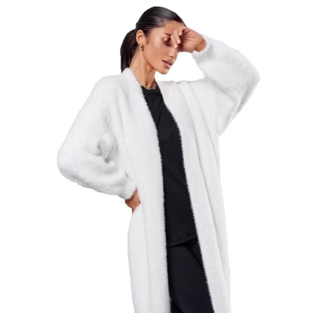 Faux Mink White Knit Cardigan Coat Women Autumn Winter Loose Fluffy Long Oversized Fuzzy Plush Sweater Jacket