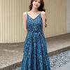 Lazy Wind Blue Suspender Floral Dress Women's Summer New Holiday Style Beautiful Small Skirt Women's Clothing