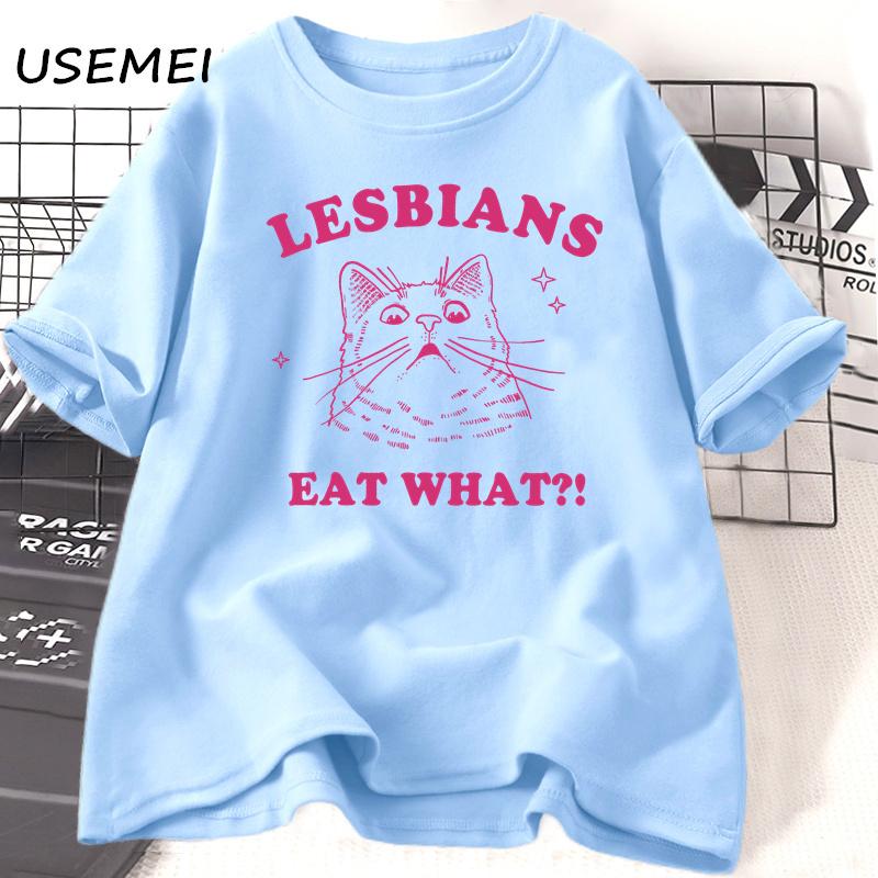 LGBT Lesbians Eat What Cat T Shirts Funny Gay Pride T-Shirts LGBTQ 90s Cat Lover Graphic T Shirts Aesthetic Women's Clothing Top