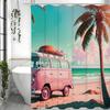Pink Blue Car Beach Coconut Tree Sea Shower Curtain, Bathroom Decorative Shower Curtain, Waterproof Shower Curtain with Hooks
