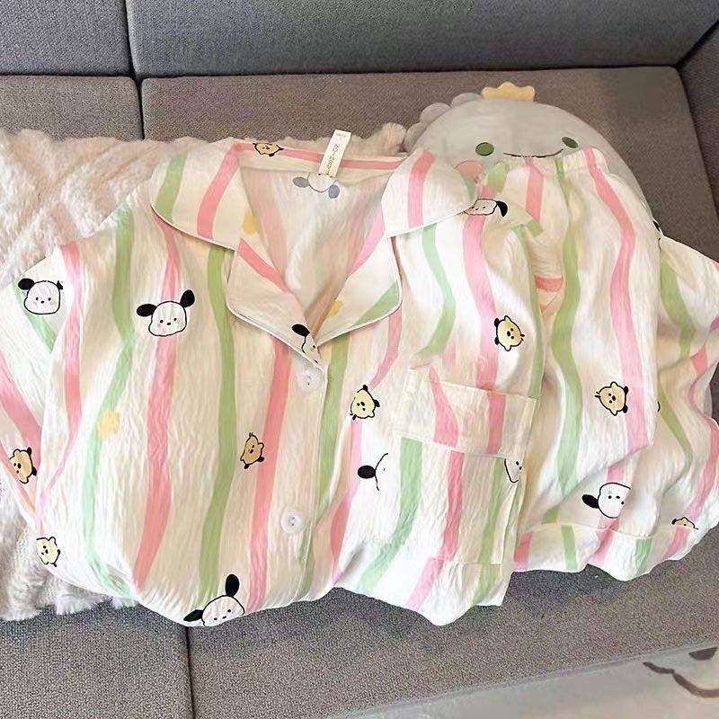 Women's Summer Cloud Cotton Pajama Set: Sweet Cute Cardigan with Short-Sleeved Top and Shorts.