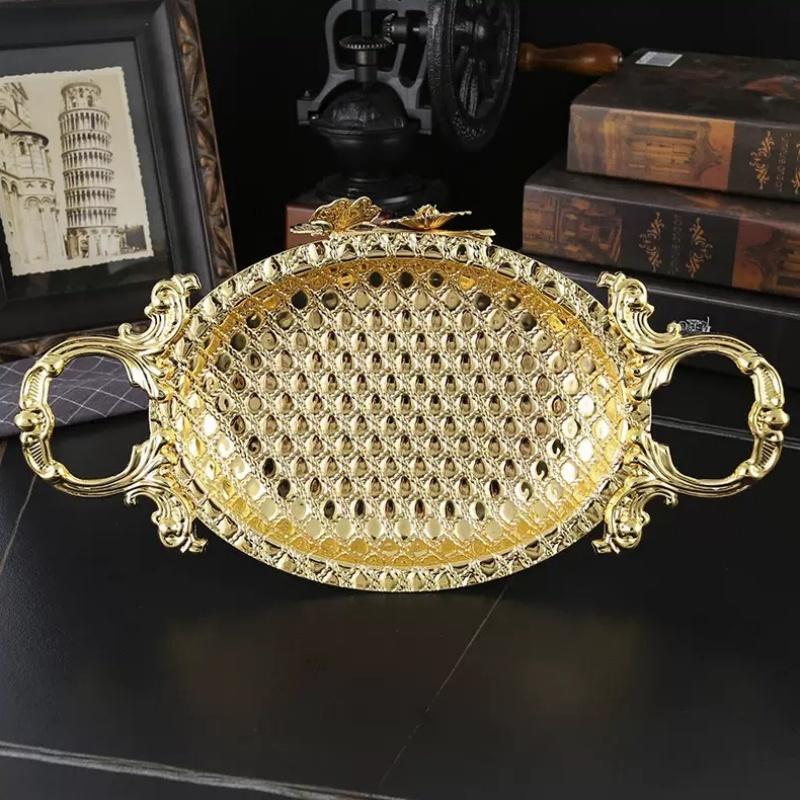 European Vintage Iron Art Metal Fruit Tray Gold Round Serving Plate Home Living Room Decor Kitchen Storage Dish