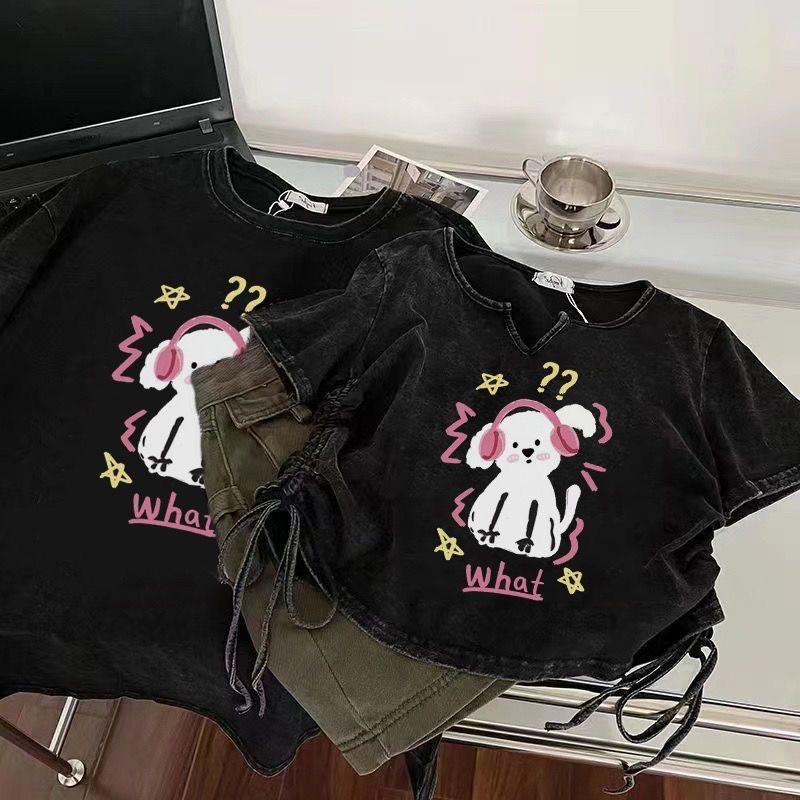 

Женская хлопковая футболка преппи с эффектом стирки и потертостей, короткий рукав, свободный приталенный крой, повседневный стиль Гонконга Double Extra Large