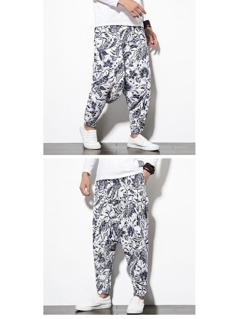 2023 Spring Men's Chinese-Style Cotton Linen Harem Pants - Printed Hip Hop Trousers