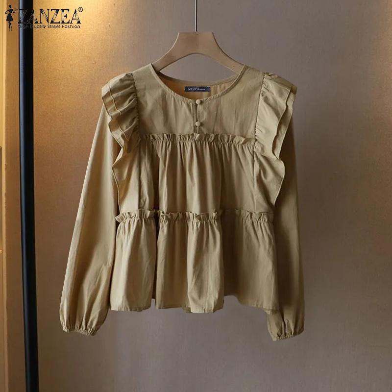 ZANZEA Women Casual O-neck Long Sleeve Loose Ruffles Blouse