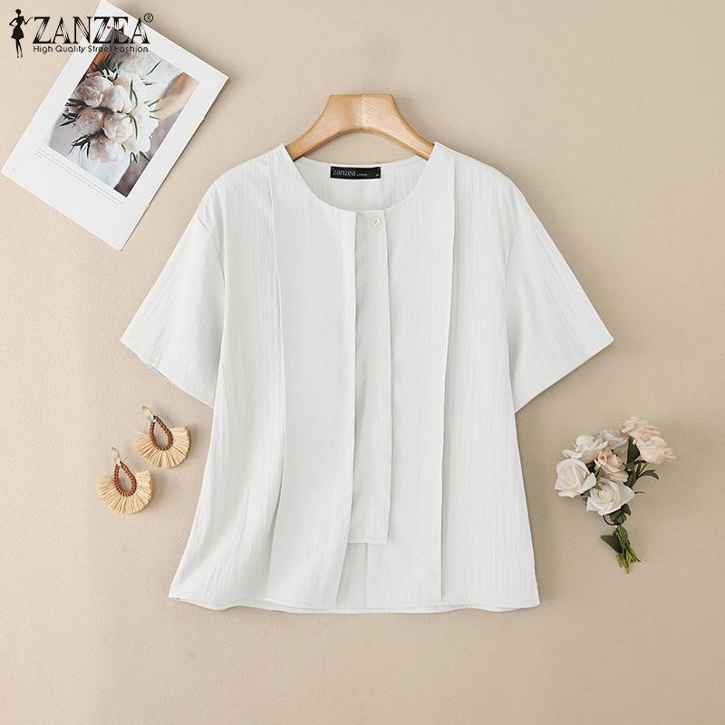 ZANZEA Women Casual Round Neck Solid Color Short Sleeve Blouse