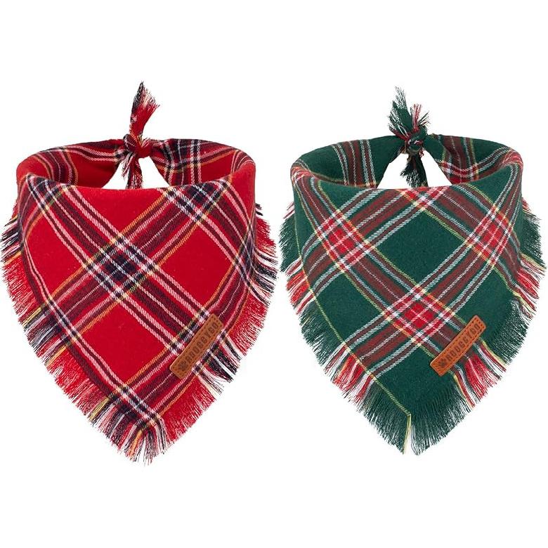 ADOGGYGO Christmas Dog Bandanas with Tassels Edges, Stylish Red Green Plaid Dog Christmas Scarf Bib, Multiple Sizes Offered, Pet Christmas Bandanas Small