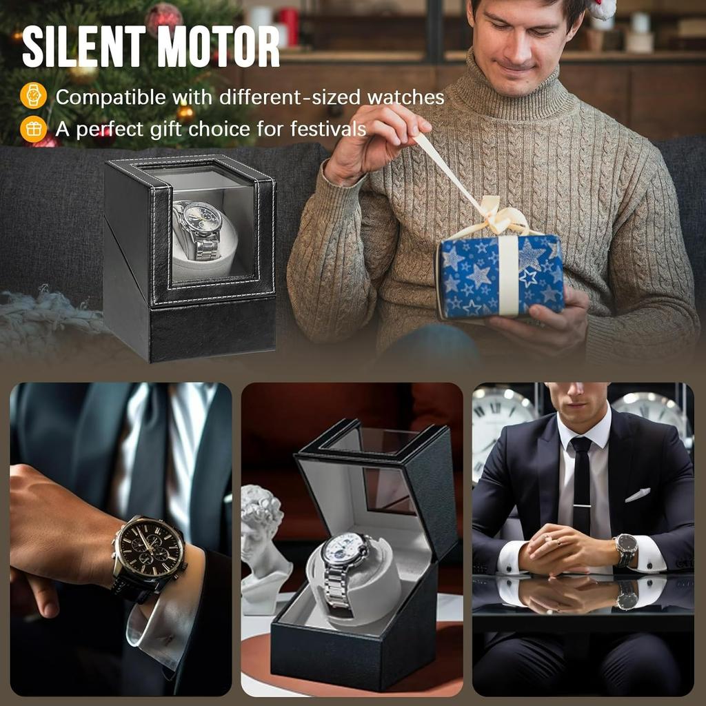 Single Watch Winder for Automatic Watches | Black Leather Watch Display Case Storage Box | Fits Lady and Man Automatic Watch