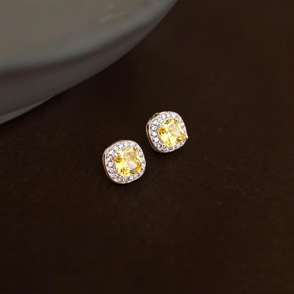 Fashion Minimalist Geometric Square Citrine Stud Earrings for Women