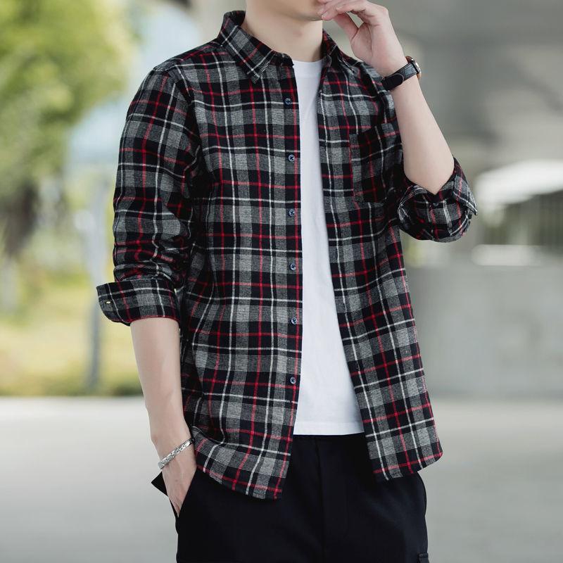 Autumn Men s Business 2026 New Patchwork Square Collar Button Pocket Plaid Fashion Loose Versatile Casual Long Sleeved Shirts M красный