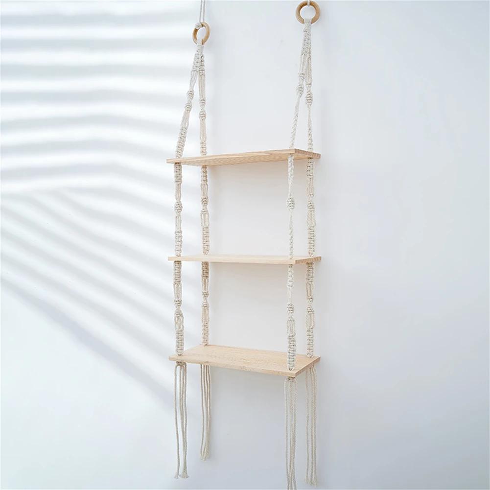 Macrame Shelf Wall Hanging Wood Floating Shelf with Woven Rope Rustic Storage Organizer 3 Tier Rack Boho Decor for Living Room
