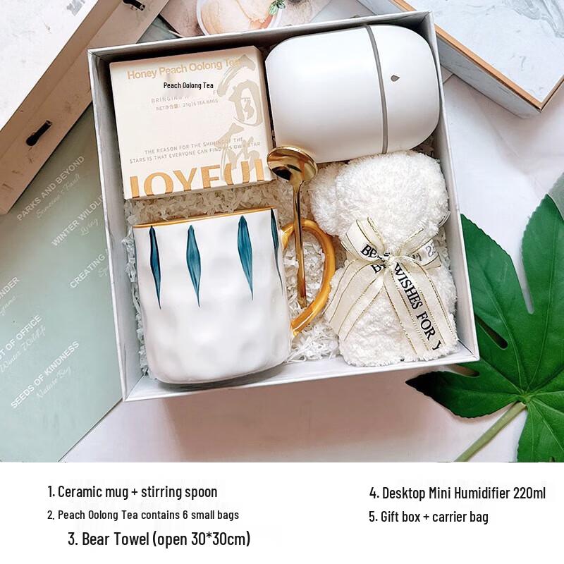 Holiday Gift Set with Mug, Spoon, Tea, Towel, and Humidifier Package 6: Mug, Spoon, Tea, Towel, Humidifier