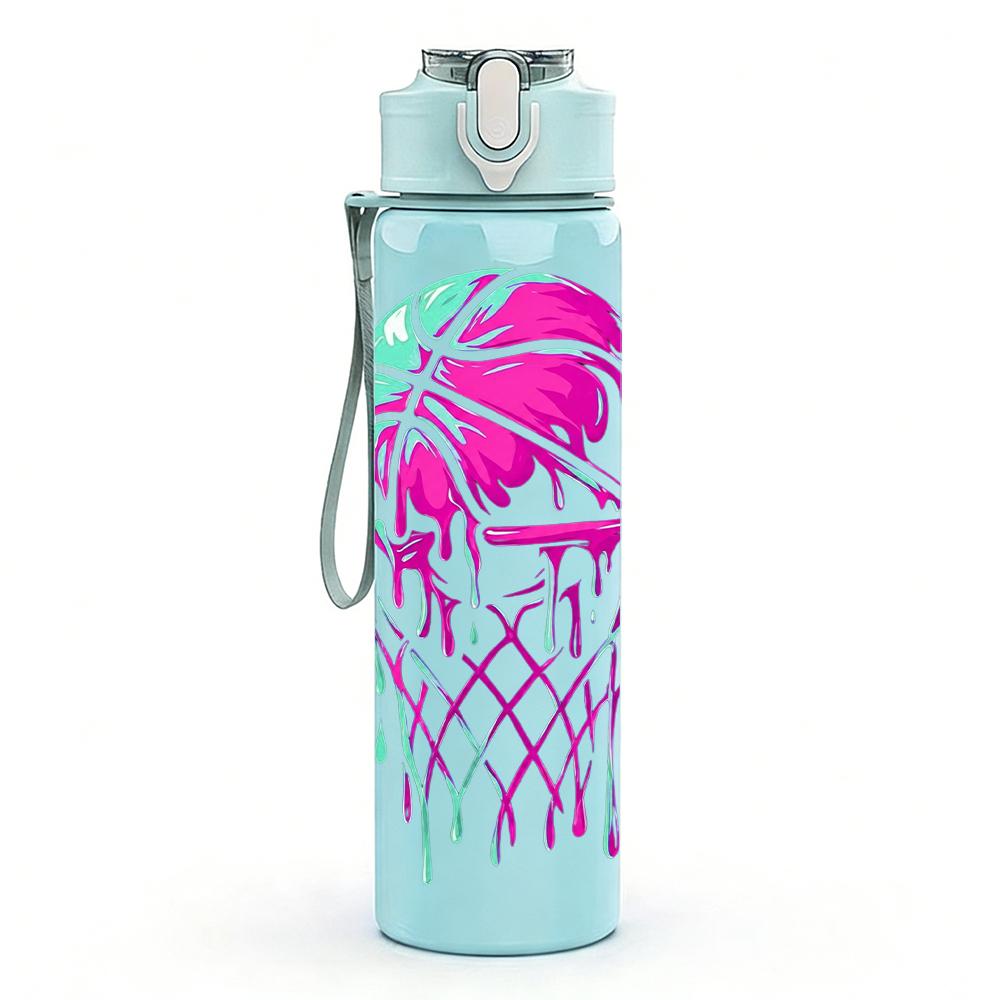 1PC Color Basketball Hoop Splash Print 750ml Color Plastic Water Bottle Leakproof Flip Straw Lid For Sports Office Home Use