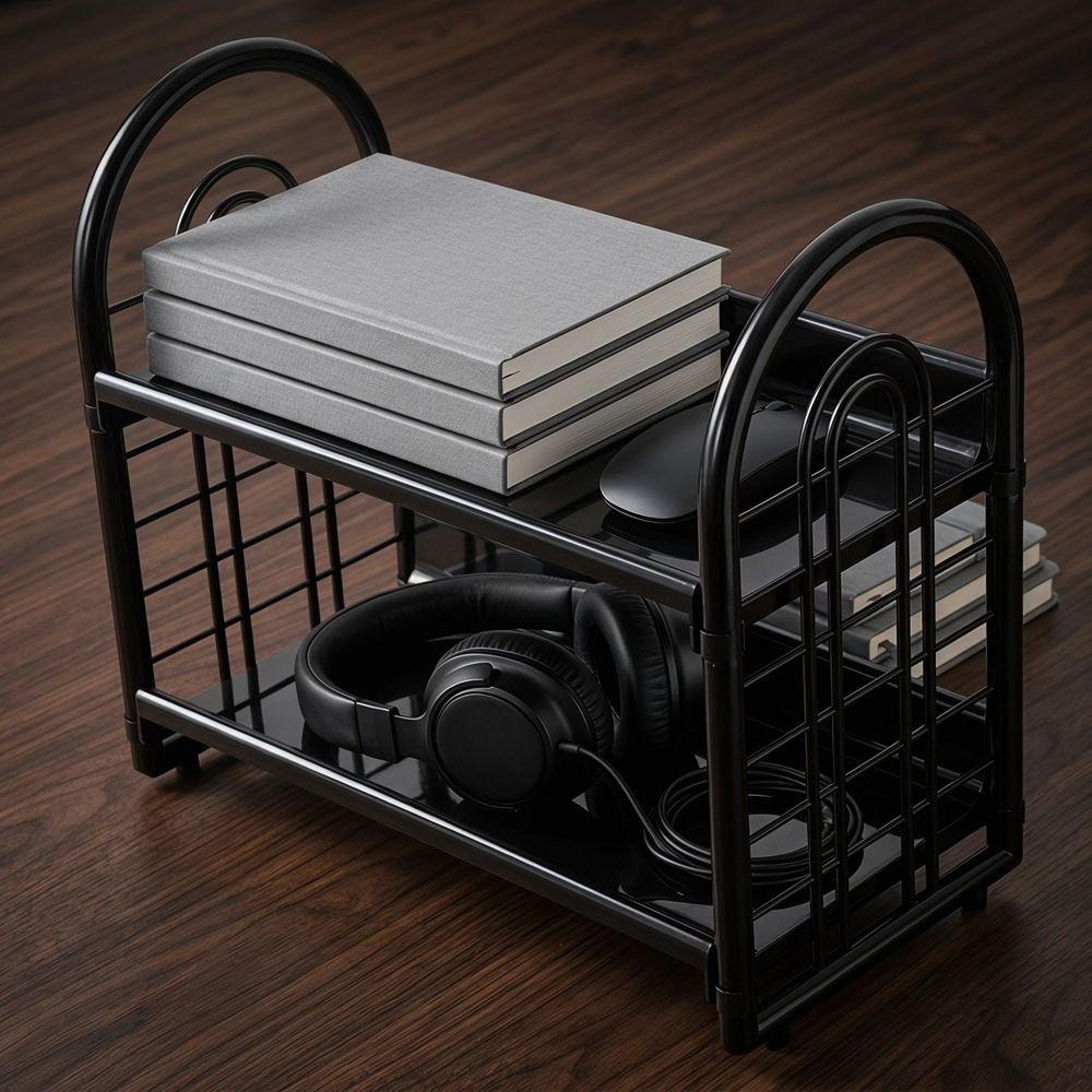 Plastic Double Layer Storage Rack Space Saving Desktop Organizer Shelf Hollow Out Organizer  Office