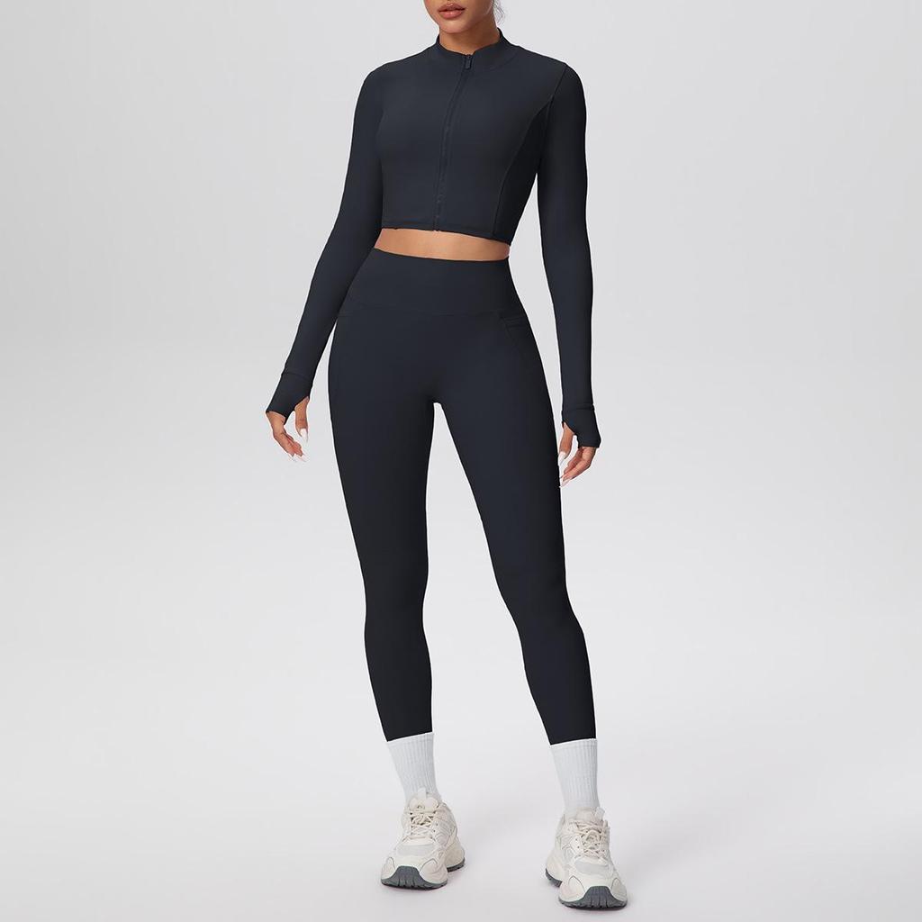 Zipper Crop Top Jacket & High-Waist Butt-Lifting Pocketed Pants Sports Set - Perfect for Yoga, Running, & Casual Fitness.
