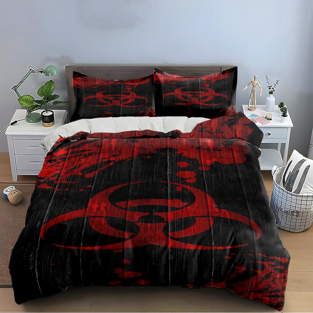 Rotes Biohazard-Symbol auf schwarzem Holzstil-Bettwäscheset (1 Bettbezug, 2 Kissenbezüge, Bettdecke nicht enthalten) Sofas