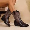 Vintage Drukowane Westernowe Buty Kowbojskie Damskie Szpiczasty Nosek Średnie Obcasy Buty do Połowy Łydki Kobieta Patchwork Wsuwane Wysokie Botas Mujer