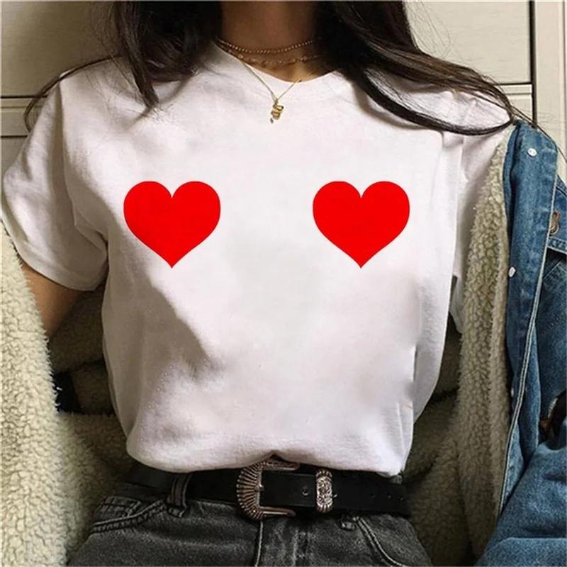 Funny Chest Heart Print Women T Shirt Short Sleeve O Neck Loose Women Tshirt Ladies Tee Shirt Tops Camisetas Mujer