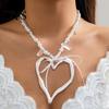 Personalized Charm Necklace Women Faux Pearl Big Heart Pendant Hollow Chain Bow Decor Layered Set Adjustable Length Stainless Neck Decoration Jewelry