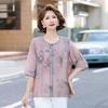 Stylish Chinese Mid-Sleeve Top for Women - Printed, Loose Fit, Petite, Round Neck, Mid-Aged & Elderly Summer Shirt