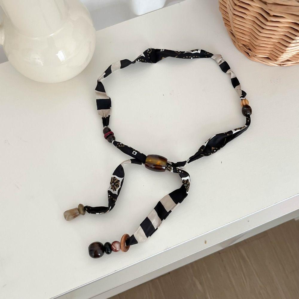 Strip Cloth Chain Necklace Multicolor Bohemian Choker Retro Wood Bead Necklace  Gift