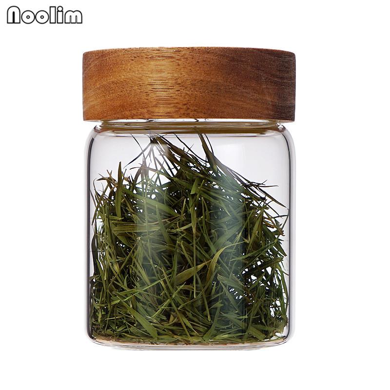 Solid Color Glass Storage Bottle with Wooden Lid – Sealed Container for Grains, Dried Fruit, Spices & Tea